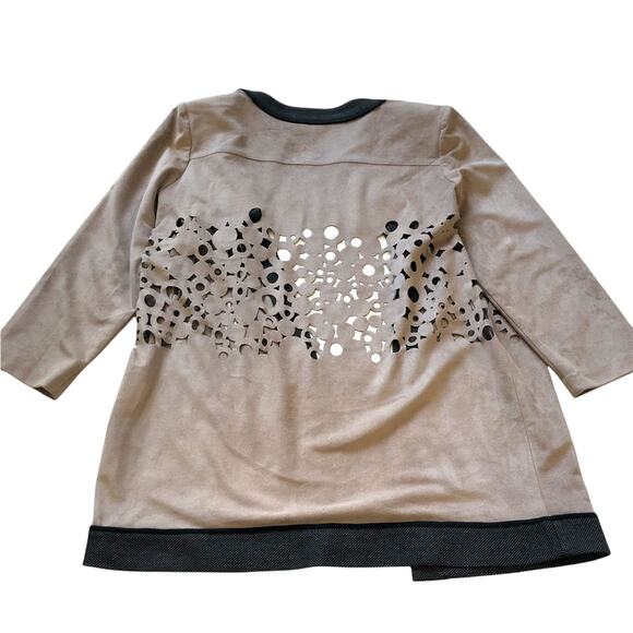 Ming Wang Heritage Laser Cut Faux Suede Open Jacket M Tan Black EUC - Picture 7 of 15